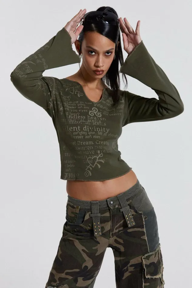 Celeste Notch Neck Long Sleeve Top Khaki Women Jaded London Long Sleeve Tops