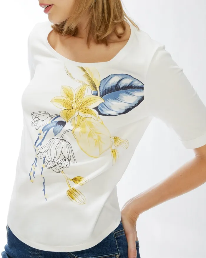 Chico039s Beaded Embellished Floral Tee Alabaster Women Tops