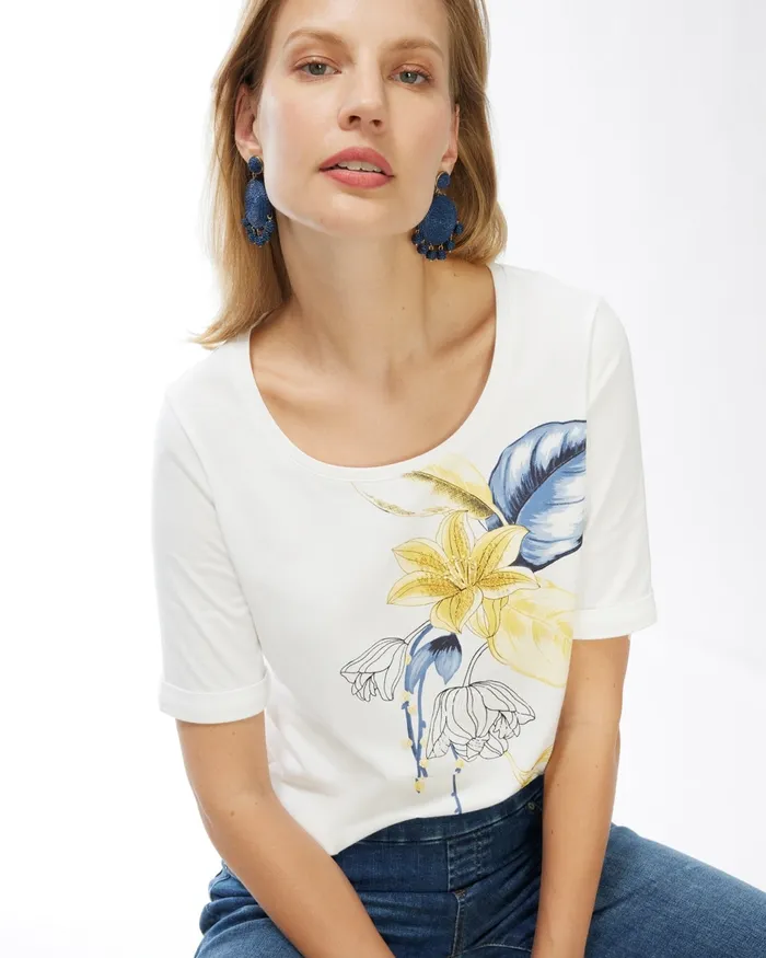 Chico039s Beaded Embellished Floral Tee Alabaster Women Tops