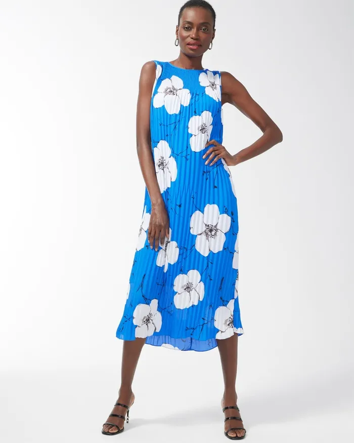 Chico039s Black Label Georgette Floral Pleated Dress Blue Print Women Dresses and Skirts