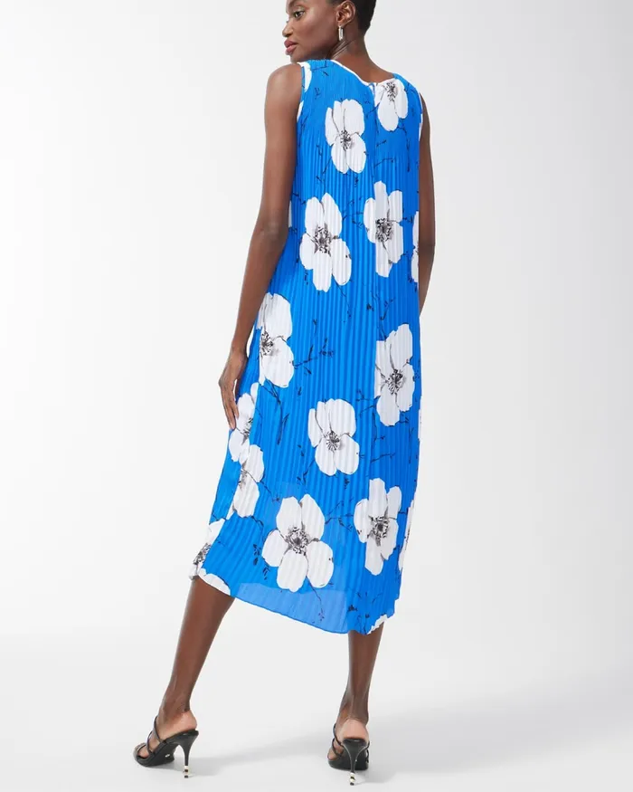 Chico039s Black Label Georgette Floral Pleated Dress Blue Print Women Dresses and Skirts
