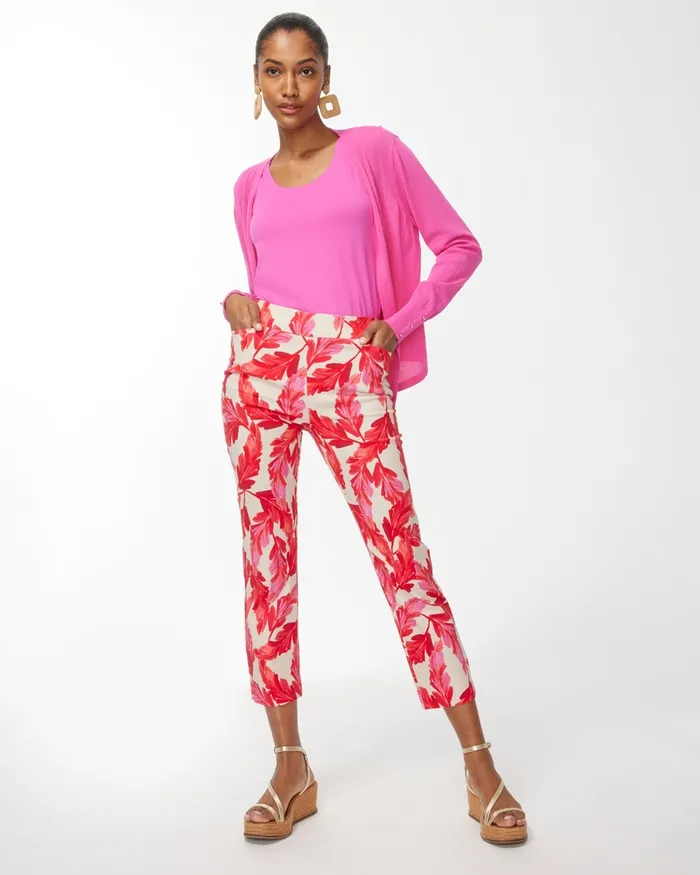 Chico039s Brigitte Feather Print Crops Flame ScarletNatural Tan Women Matching Sets
