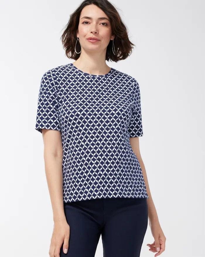Chico039s Cool Ikat Cotton Crew Neck Tee Classic Navy Women Tops