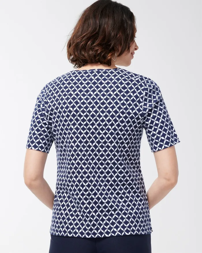Chico039s Cool Ikat Cotton Crew Neck Tee Classic Navy Women Tops