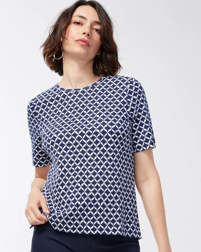 Chico039s Cool Ikat Cotton Crew Neck Tee Classic Navy Women Tops