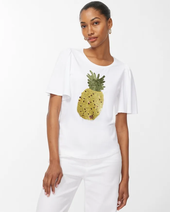 Chico039s Embellished Pineapple Tee Alabaster Women Tops