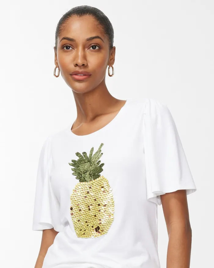 Chico039s Embellished Pineapple Tee Alabaster Women Tops