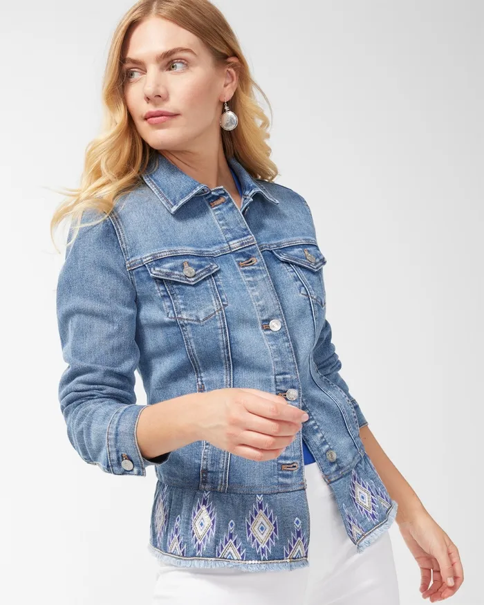 Chico039s Embroidered Peplum Denim Jacket Bimini Indigo Women Jackets and Coats