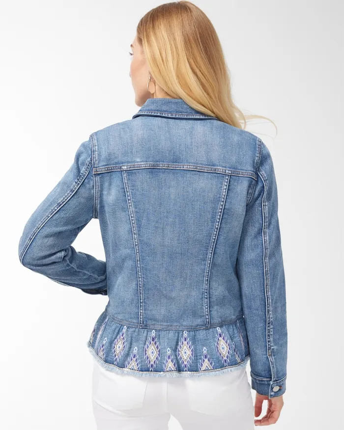 Chico039s Embroidered Peplum Denim Jacket Bimini Indigo Women Jackets and Coats