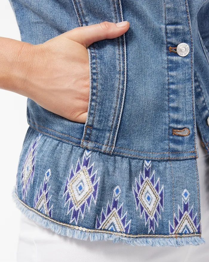 Chico039s Embroidered Peplum Denim Jacket Bimini Indigo Women Jackets and Coats