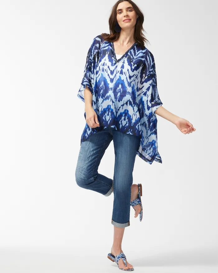 Chico039s Embroidered VNeck Poncho Classic Navy Women Tops