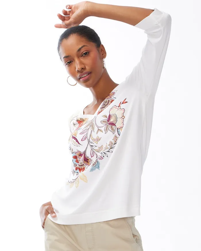 Chico039s Floral Pima Everyday VNeck Tee Classic Navy Women Tees