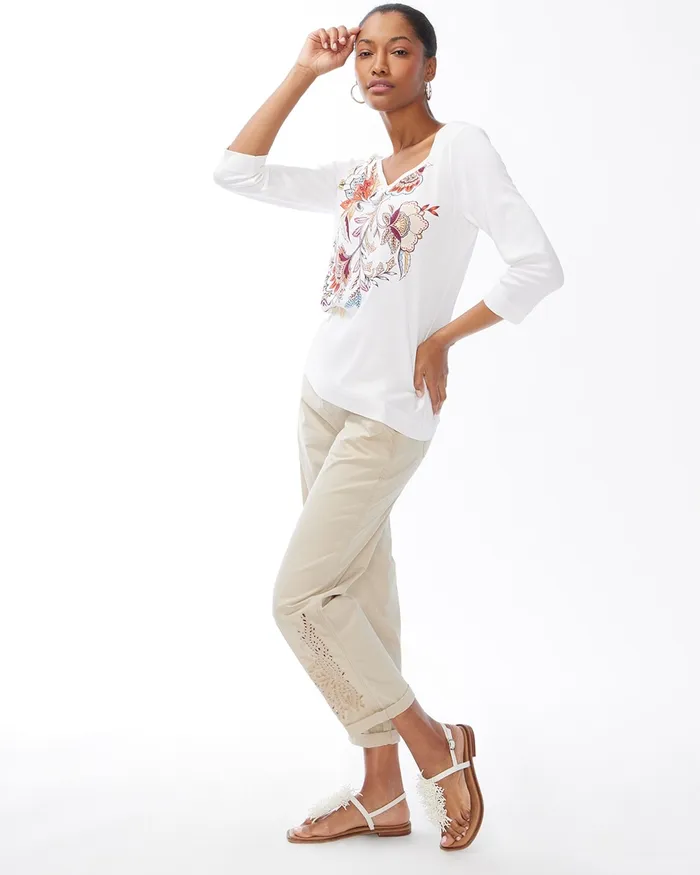 Chico039s Floral Pima Everyday VNeck Tee Classic Navy Women Tees