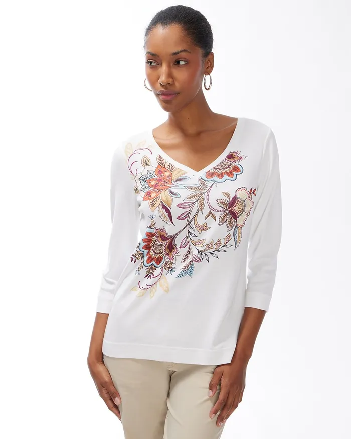 Chico039s Floral Pima Everyday VNeck Tee Classic Navy Women Tees