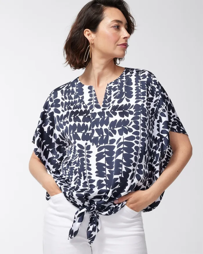 Chico039s Foliage Print TieFront Blouse Classic Navy Women Tops