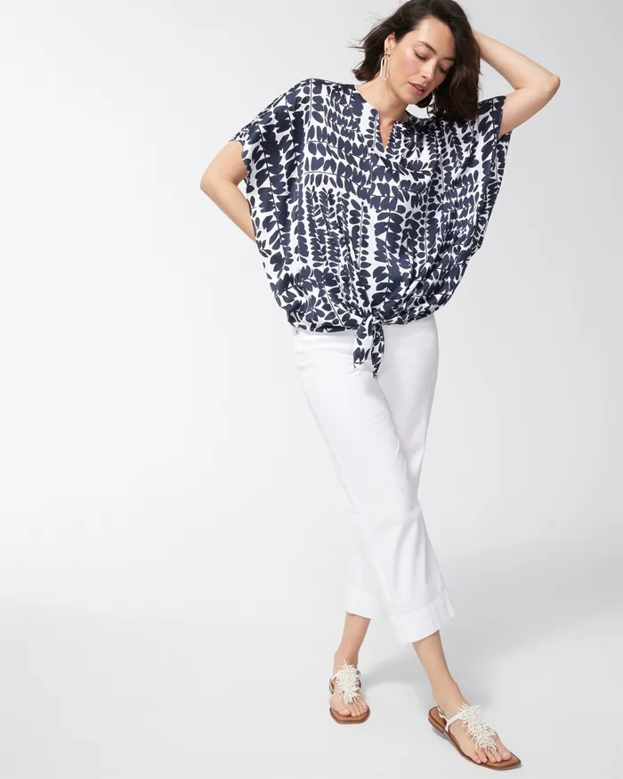 Chico039s Foliage Print TieFront Blouse Classic Navy Women Tops
