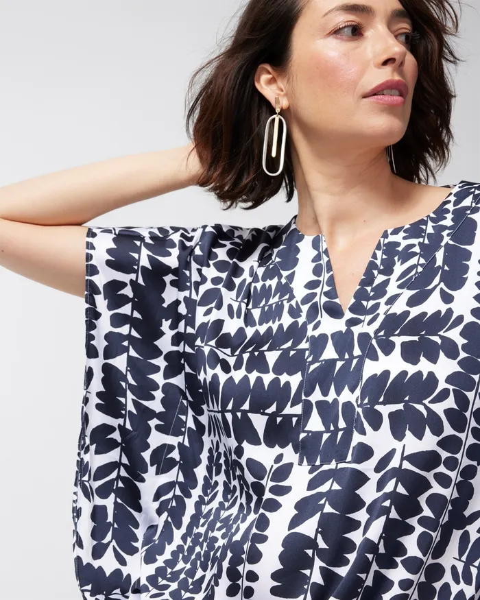 Chico039s Foliage Print TieFront Blouse Classic Navy Women Tops