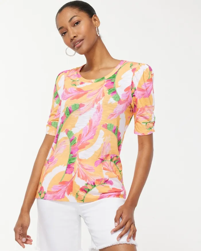 Chico039s Gathered Sleeve Foliage Slub Tee Mango Ice Women Tees