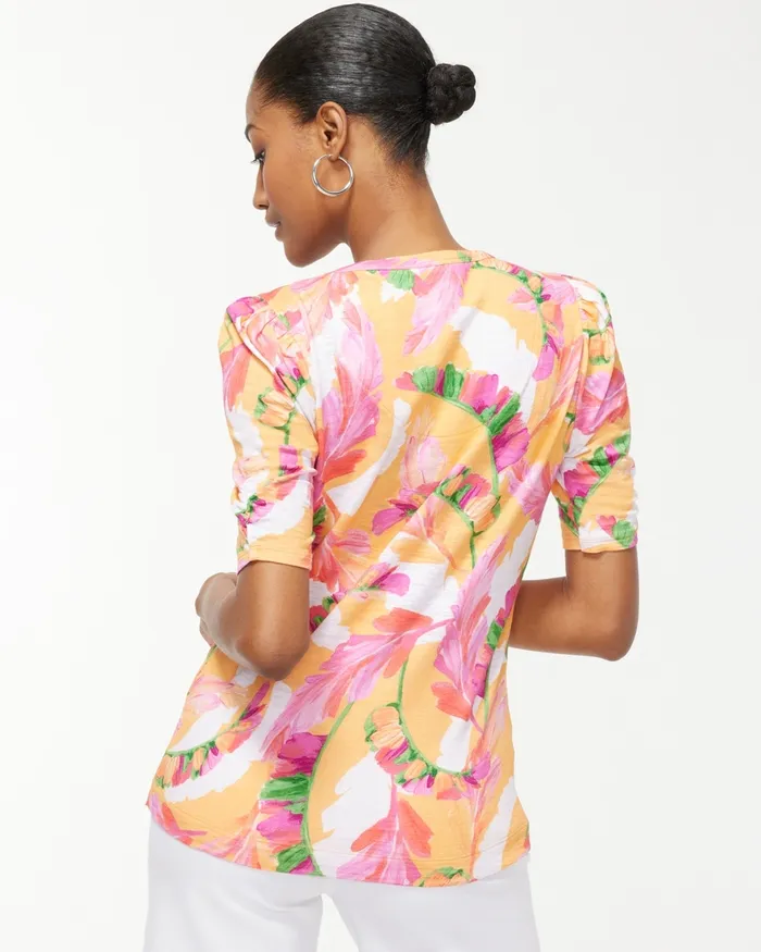 Chico039s Gathered Sleeve Foliage Slub Tee Mango Ice Women Tees