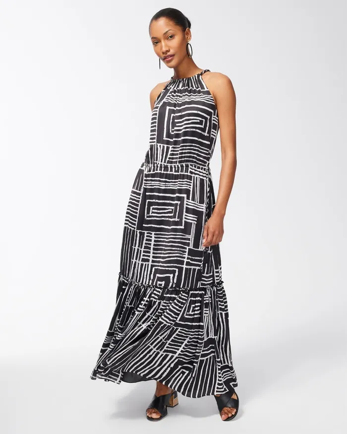 Chico039s Halter Abstract Print Midi Dress AlabasterBlack Women Dresses and Skirts