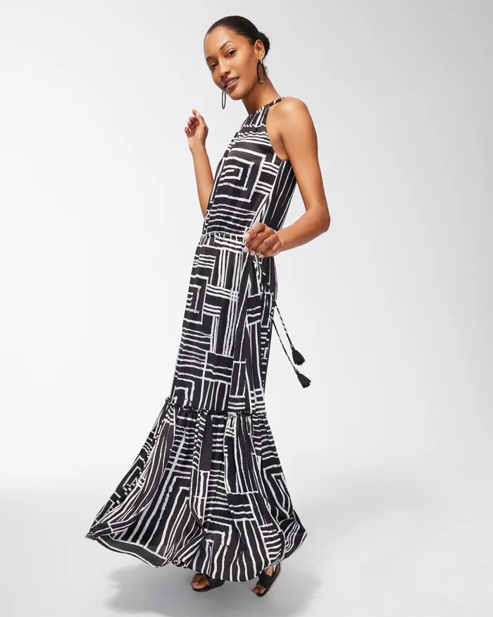 Chico039s Halter Abstract Print Midi Dress AlabasterBlack Women Dresses and Skirts