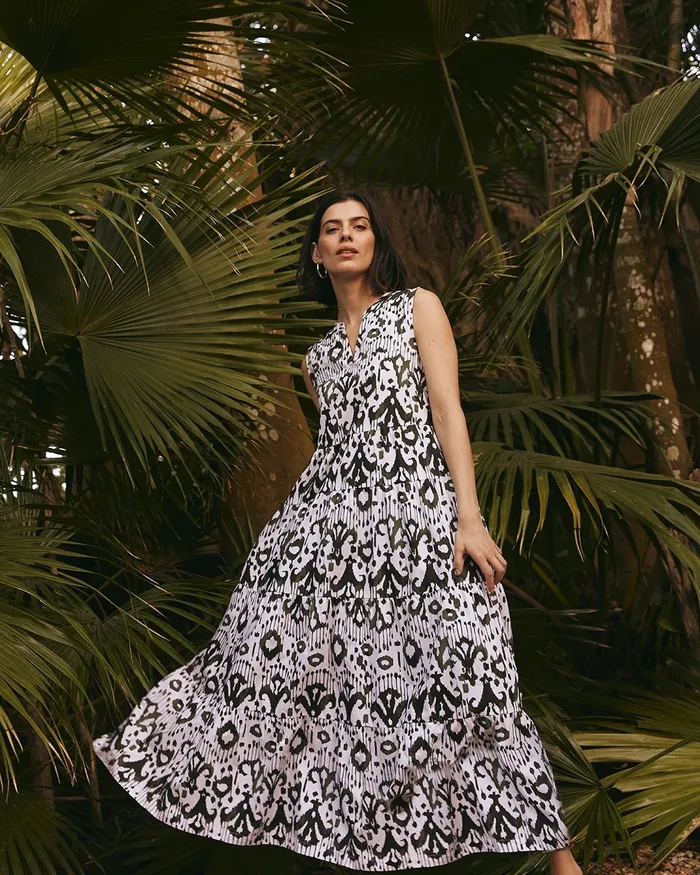 Chico039s Ikat Tiered Maxi Dress Primordial Forest Women Dresses and Skirts