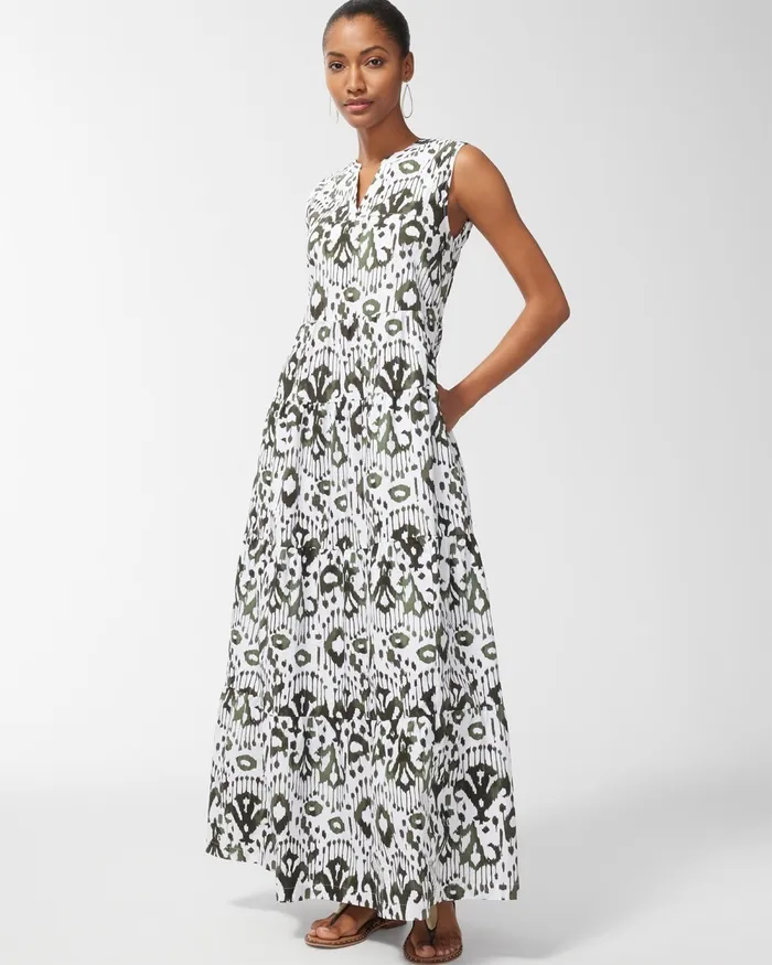 Chico039s Ikat Tiered Maxi Dress Primordial Forest Women Dresses and Skirts