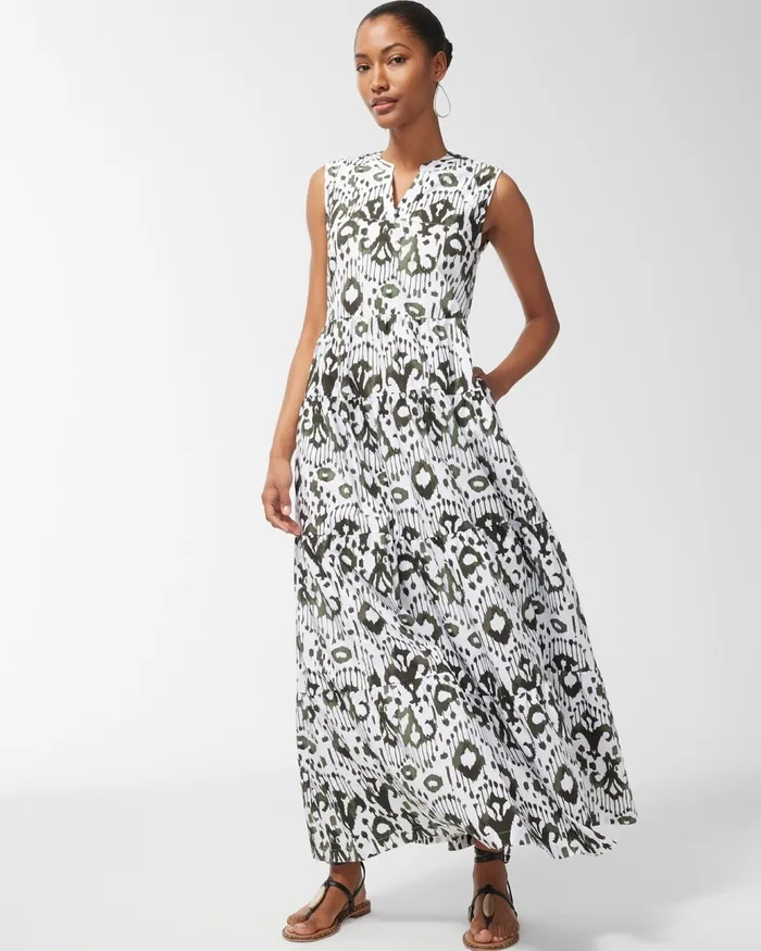 Chico039s Ikat Tiered Maxi Dress Primordial Forest Women Dresses and Skirts