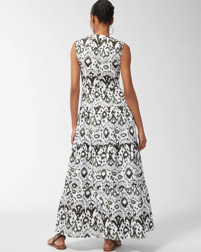 Chico039s Ikat Tiered Maxi Dress Primordial Forest Women Dresses and Skirts