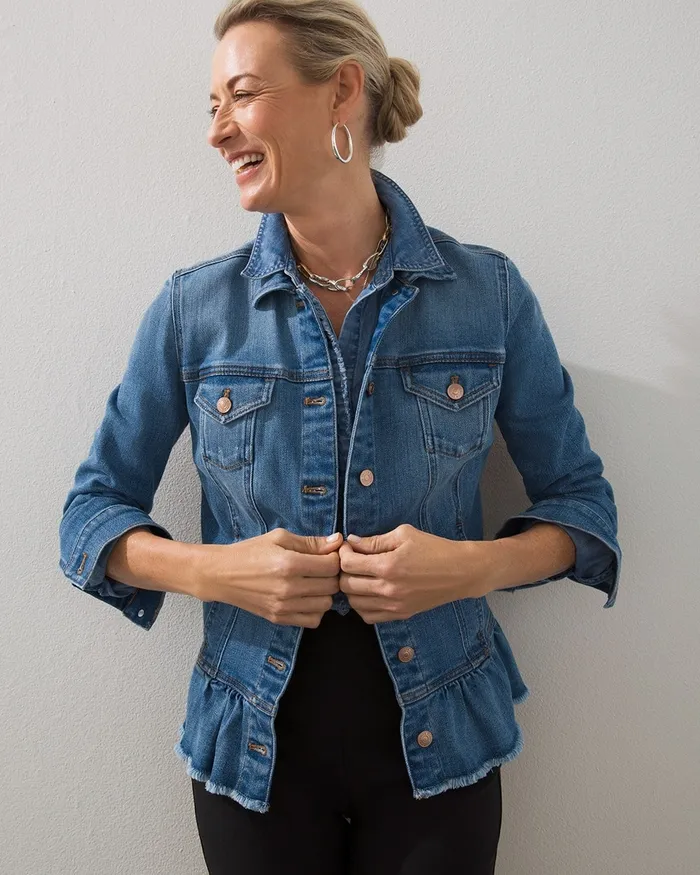 Chico039s Indigo Peplum Denim Jacket Blarney Indigo Women Jackets and Coats