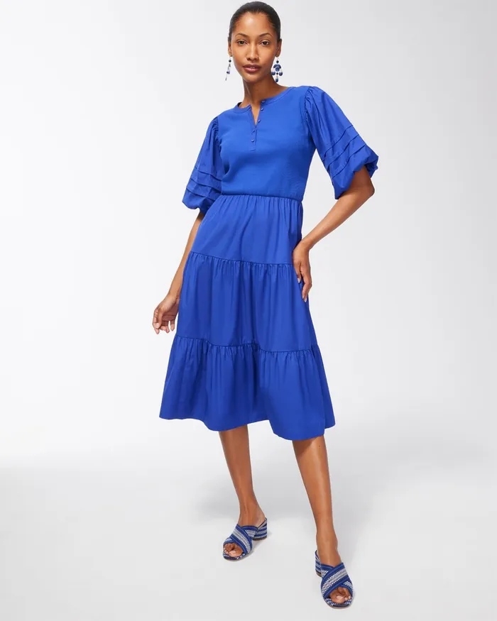 Chico039s Knit Woven Tiered Midi Dress Blue Grotto Women Dresses and Skirts