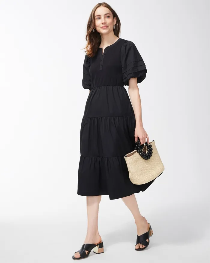 Chico039s Knit Woven Tiered Midi Dress Blue Grotto Women Dresses and Skirts