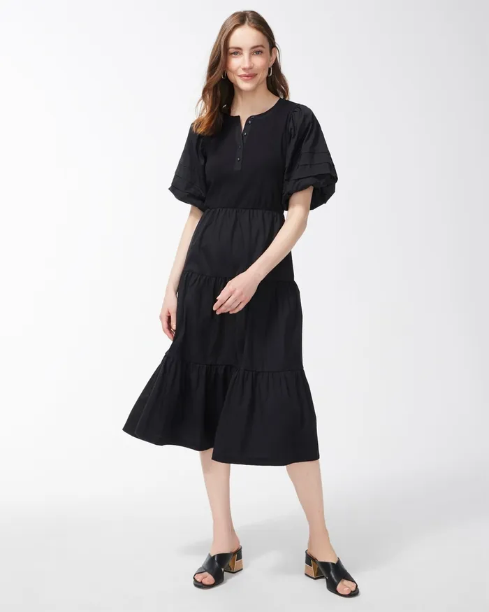 Chico039s Knit Woven Tiered Midi Dress Blue Grotto Women Dresses and Skirts