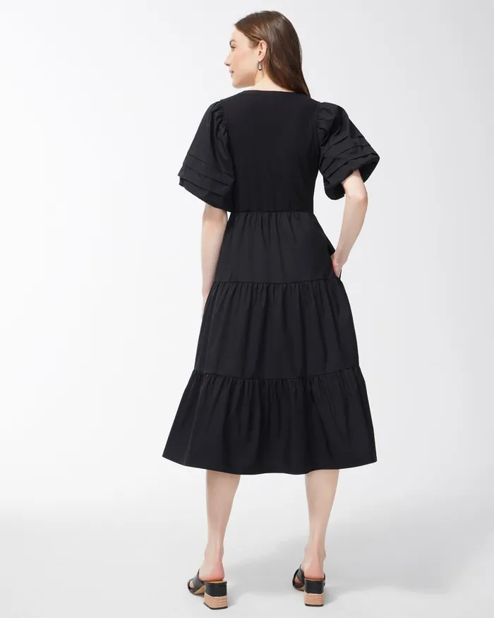 Chico039s Knit Woven Tiered Midi Dress Blue Grotto Women Dresses and Skirts