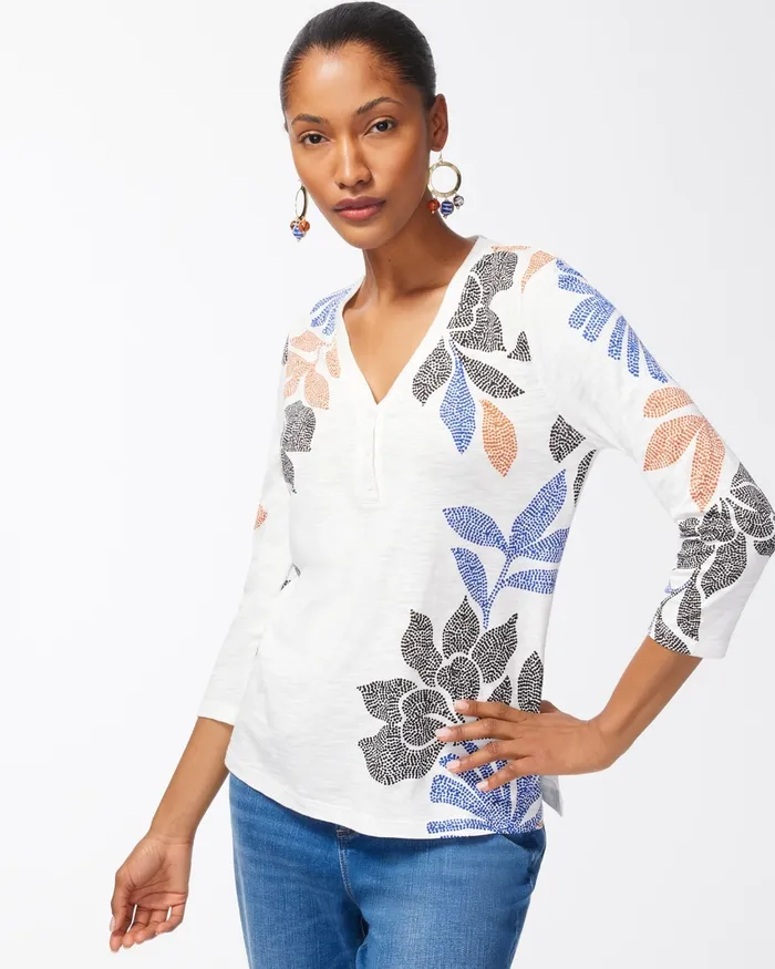 Chico039s Leaf Print 34 Sleeve Slub Tee Burnished Clay Women Tees