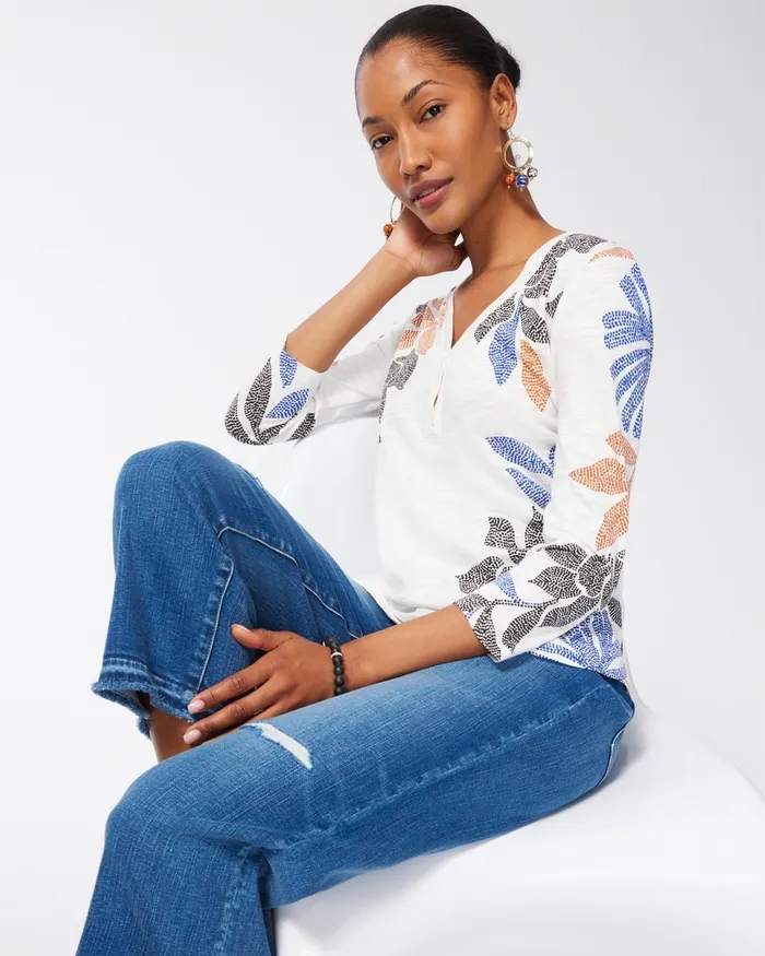 Chico039s Leaf Print 34 Sleeve Slub Tee Burnished Clay Women Tees