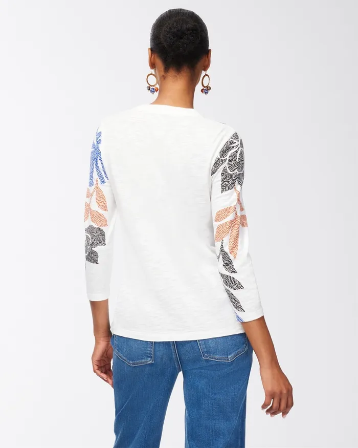 Chico039s Leaf Print 34 Sleeve Slub Tee Burnished Clay Women Tees