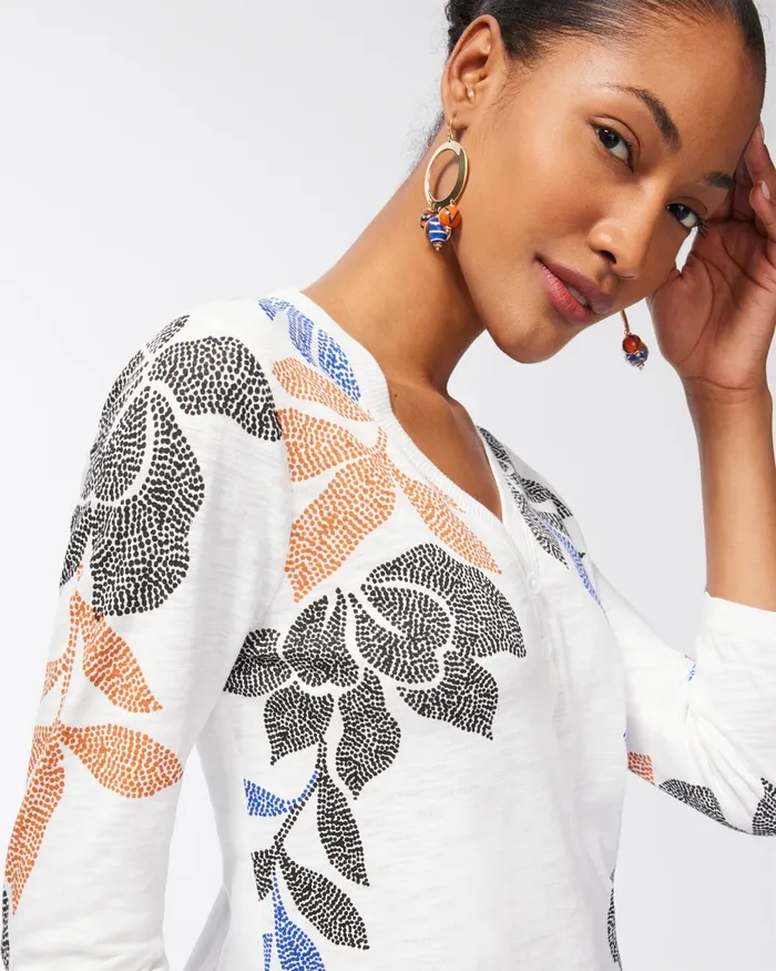 Chico039s Leaf Print 34 Sleeve Slub Tee Burnished Clay Women Tees