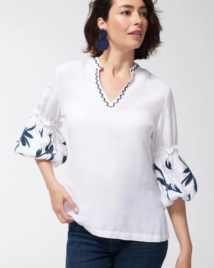 Chico039s Linen Blend Lantern Sleeve Top Alabaster Women Tops