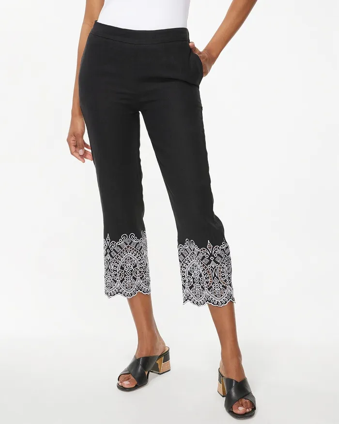 Chico039s Linen Embroidered Crops BlackWhite Women Pants