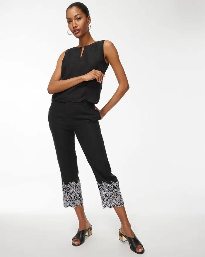 Chico039s Linen Embroidered Crops BlackWhite Women Pants