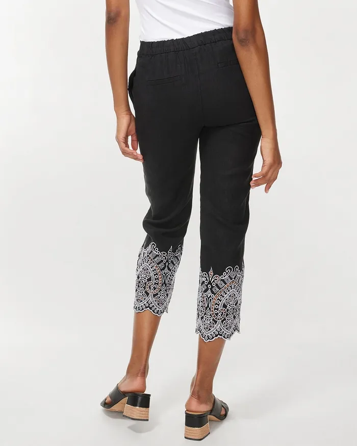 Chico039s Linen Embroidered Crops BlackWhite Women Pants
