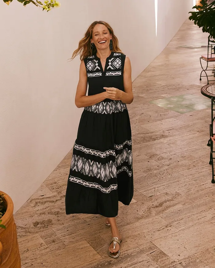 Chico039s Linen Embroidered Tiered Maxi Dress Black Women Dresses and Skirts