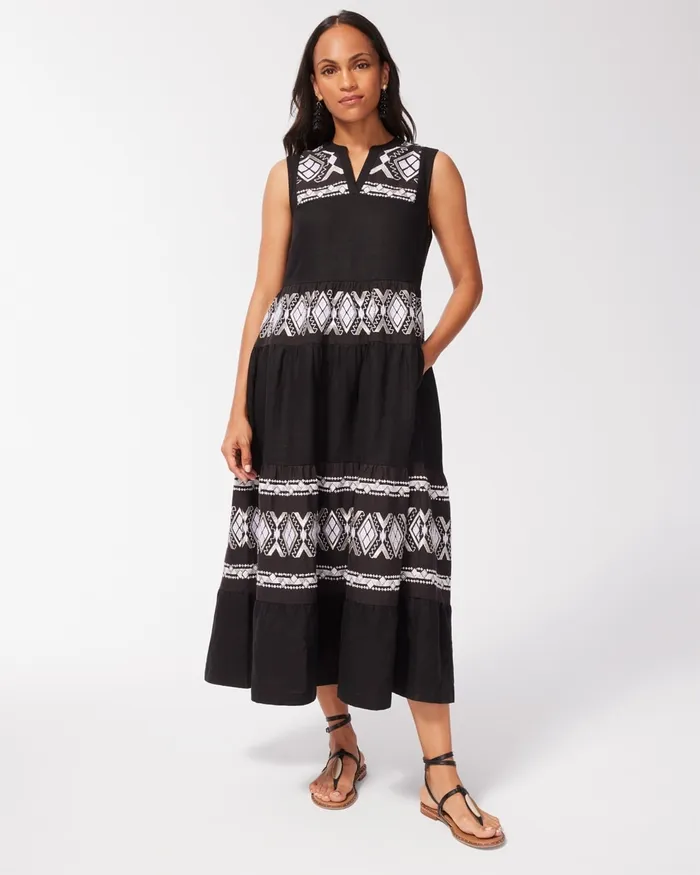 Chico039s Linen Embroidered Tiered Maxi Dress Black Women Dresses and Skirts