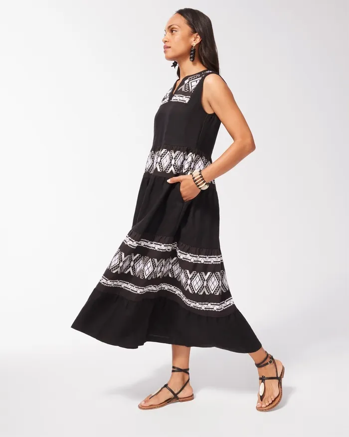 Chico039s Linen Embroidered Tiered Maxi Dress Black Women Dresses and Skirts