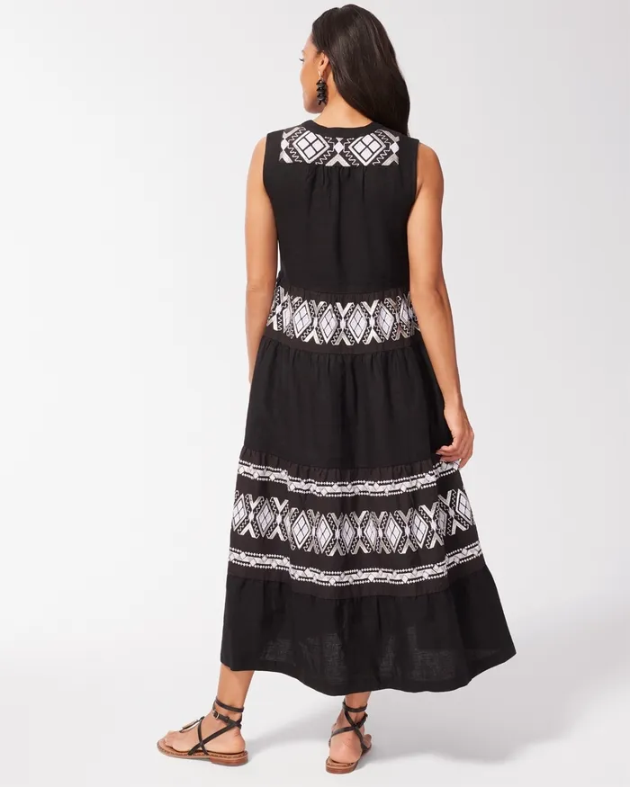 Chico039s Linen Embroidered Tiered Maxi Dress Black Women Dresses and Skirts