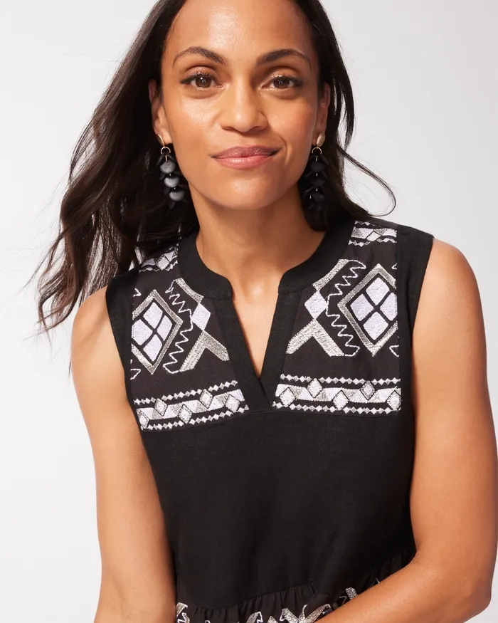Chico039s Linen Embroidered Tiered Maxi Dress Black Women Dresses and Skirts