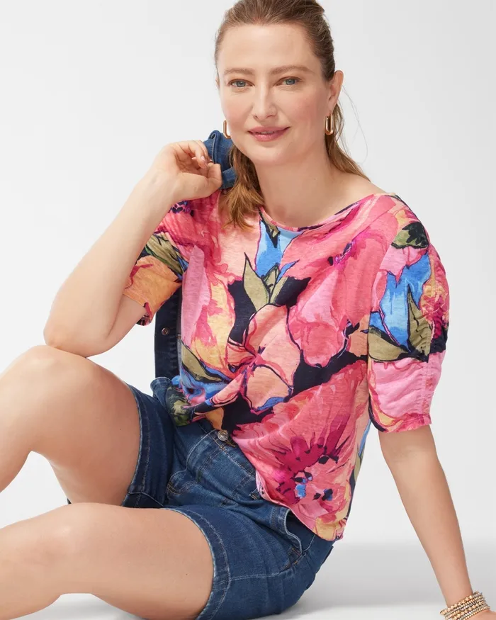 Chico039s Linen Floral Ruched Sleeve Tee Classic Navy Women Tops