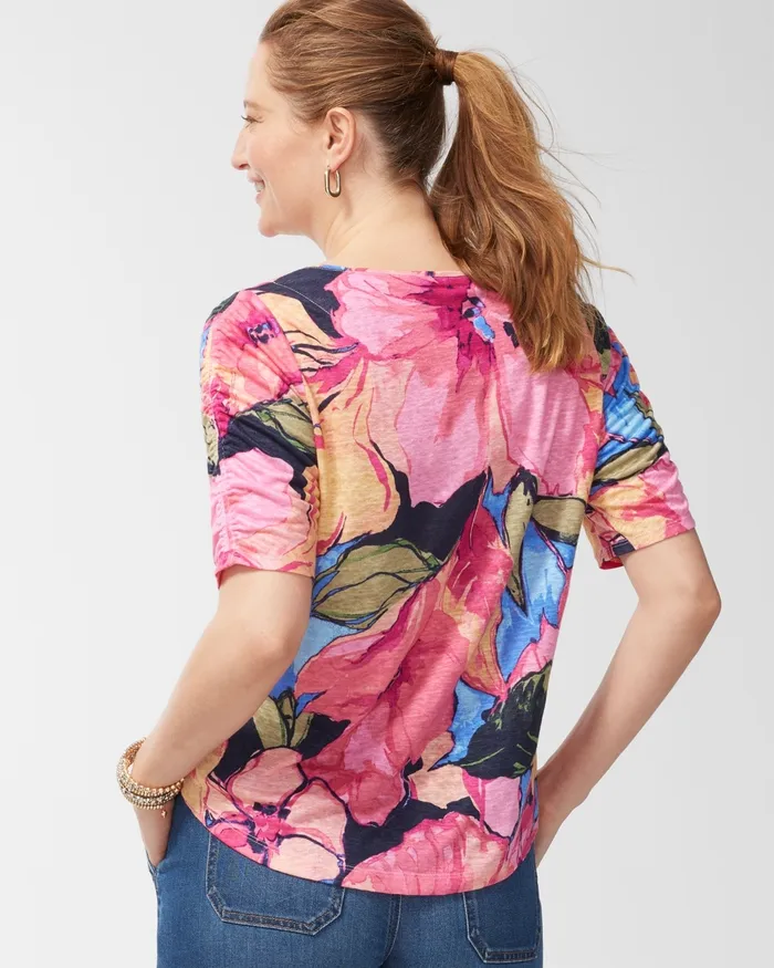 Chico039s Linen Floral Ruched Sleeve Tee Classic Navy Women Tops