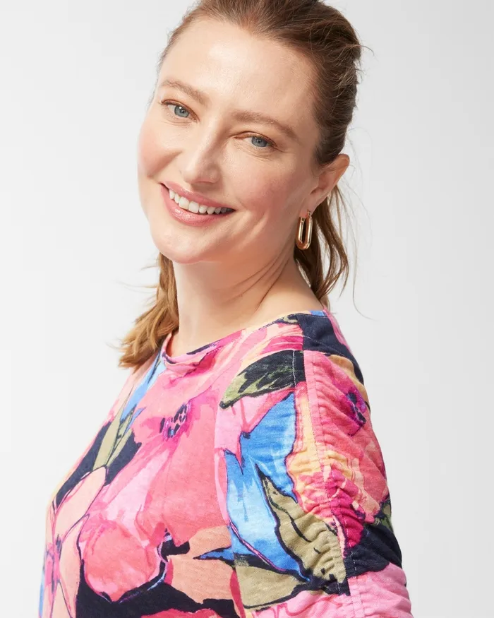 Chico039s Linen Floral Ruched Sleeve Tee Classic Navy Women Tops